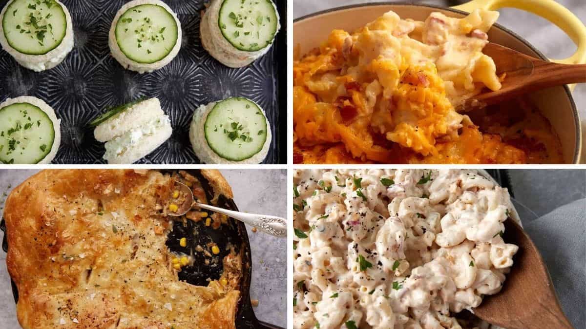A collage of four foods: cucumber tea sandwiches, cheesy baked pasta, creamy pot pie with a flaky crust, and macaroni salad with herbs. Each dish is shown close up, highlighting their textures and ingredients.