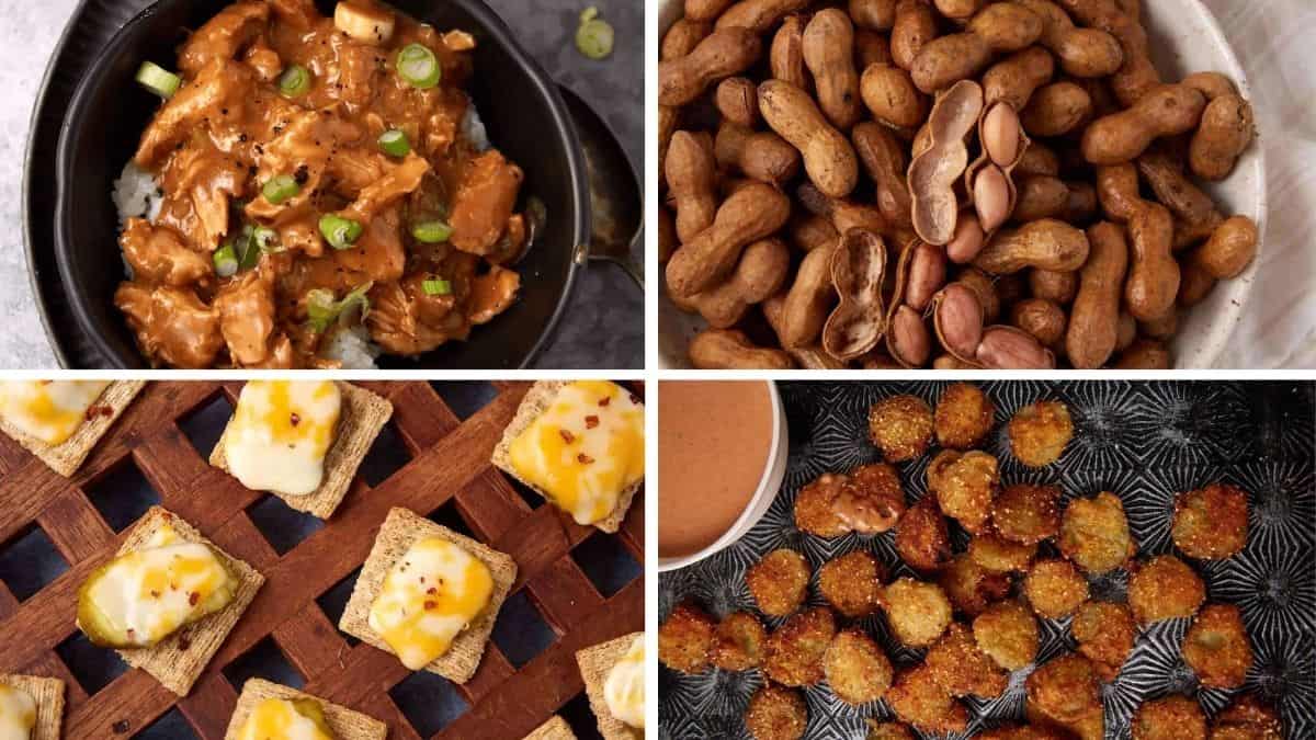 A collage of four Southern foods: chicken and gravy over rice, a bowl of boiled peanuts, crackers topped with melted cheese, and fried okra with dipping sauce.