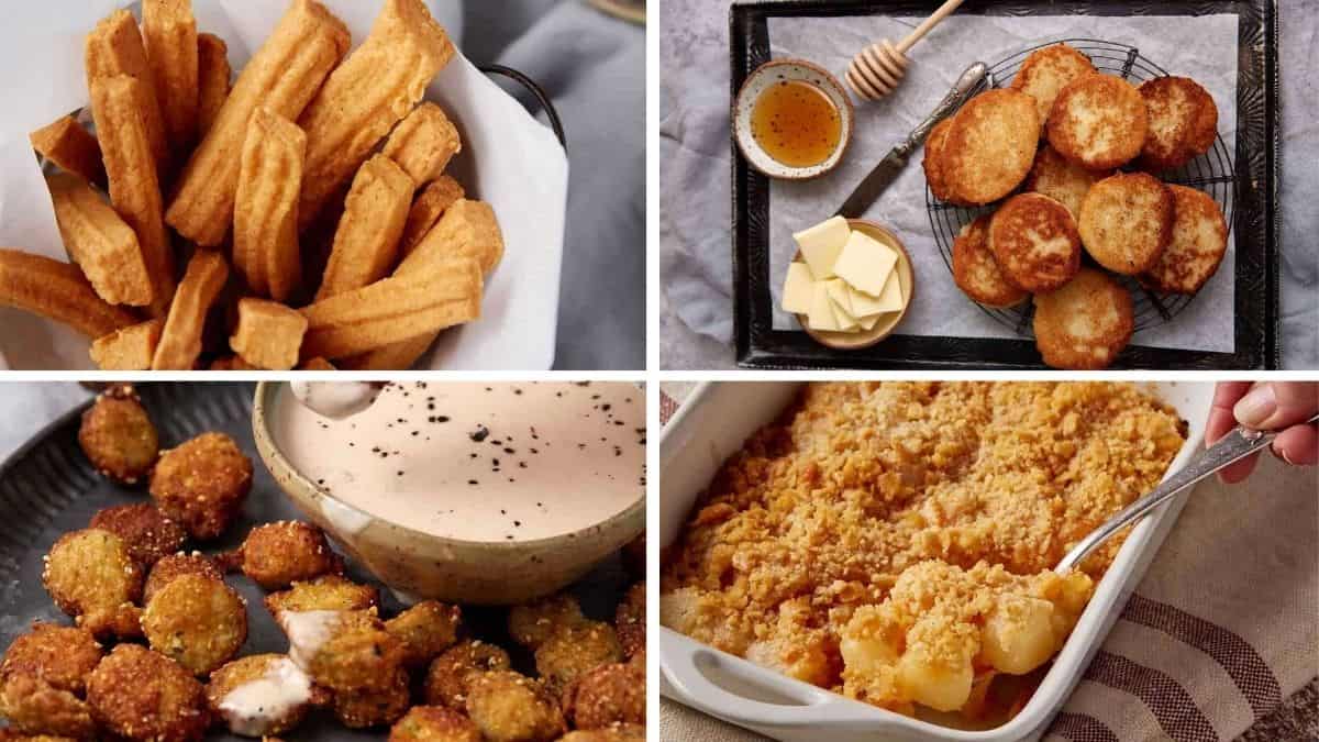 A collage of four Southern foods everyone ate back then kids today refuse to try: churros in a basket, cornbread with butter and honey, fried okra with dipping sauce, and a baked peach cobbler in a white dish with a spoon.
