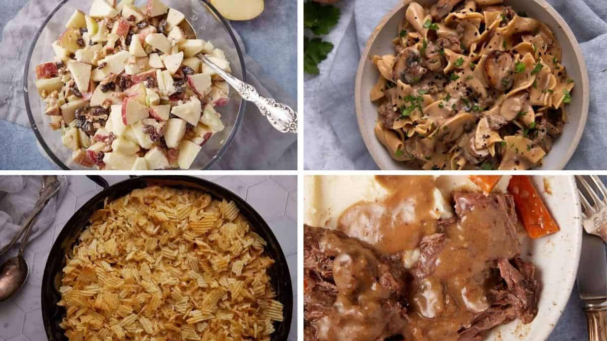 A collage of four dishes—foods still alive in small town America: apple salad with raisins and walnuts, creamy mushroom noodles, a skillet casserole topped with potato chips, and roast beef with brown gravy and carrots.