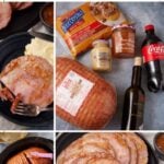 Collage showing ingredients and steps for a slow cooker ham recipe, featuring spiral ham, brown sugar, honey, mustard, apple cider, Coca-Cola, and tender slow cooker ham slices served on a plate.