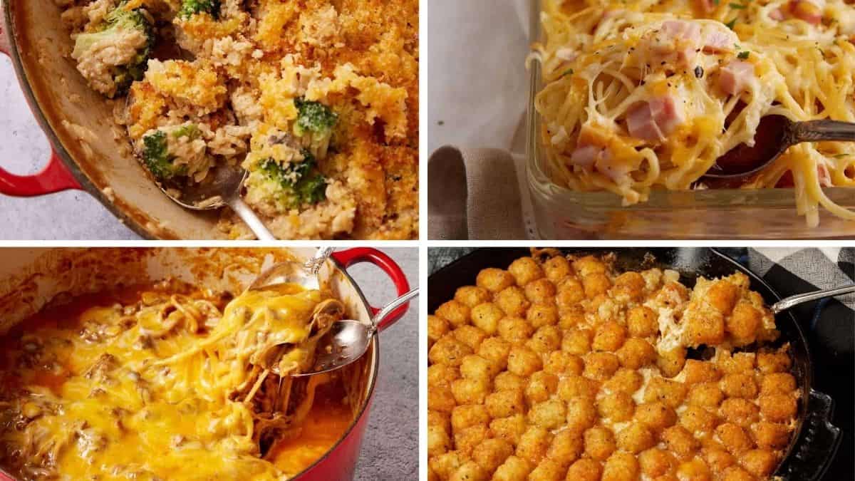A collage of four casserole dishes—foods grandma could make with her eyes closed: broccoli and rice casserole, creamy spaghetti with ham, cheesy ground beef spaghetti, and skillet tater tot casserole, all topped with melted cheese.