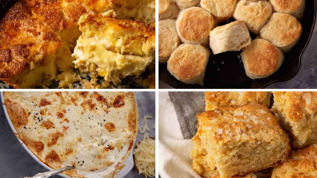 A collage of four Southern comfort foods: cheesy corn casserole, golden biscuits in a skillet, creamy baked mac and cheese, and squares of cornbread with flaky salt on top.