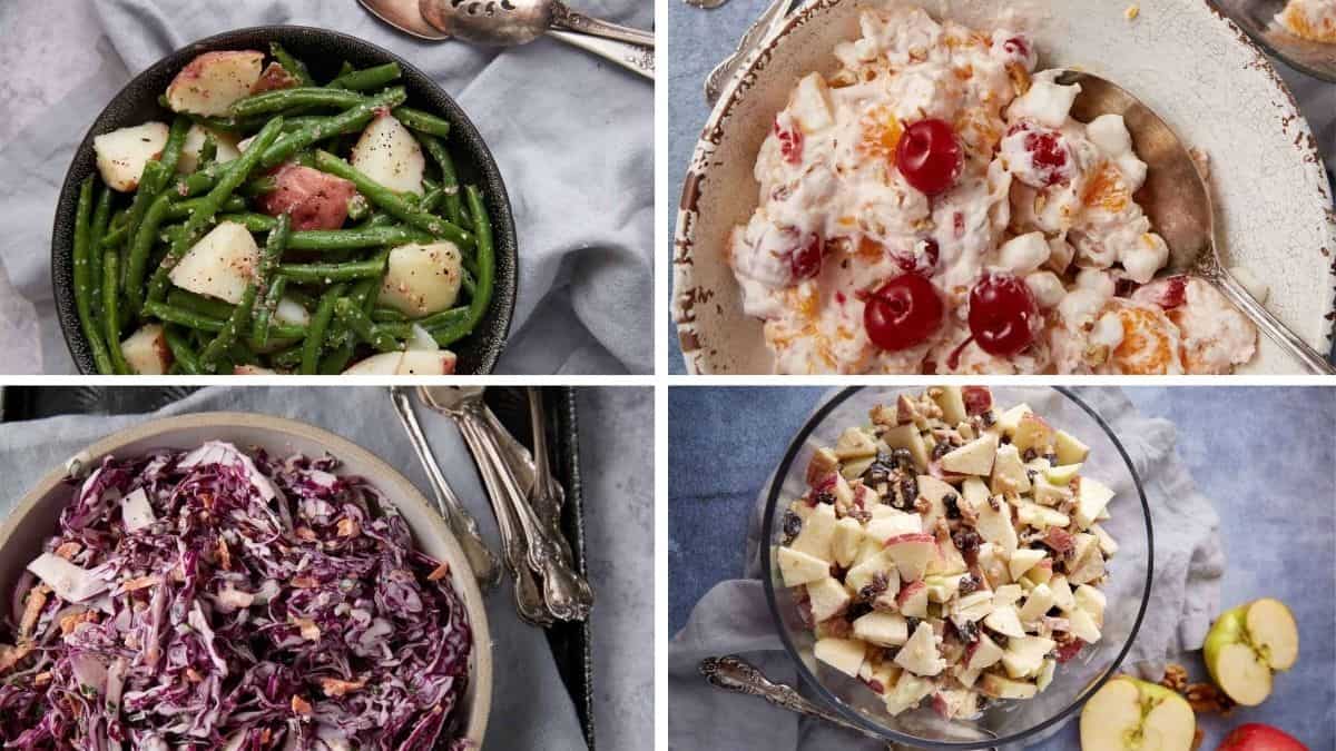A collage of four bowls of salads—green beans with potatoes, creamy fruit salad with cherries and oranges, purple cabbage coleslaw, and apple salad with nuts—features dishes we thought were totally normal, shown from above with serving utensils.