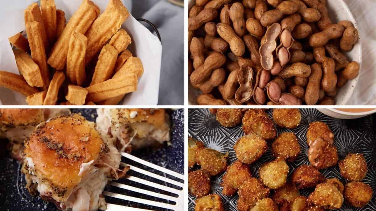 A collage of four Southern snacks—churros, boiled peanuts, mini sandwiches with melted cheese, and fried pickles. Your Masters party menu isn’t complete without these Southern dishes.