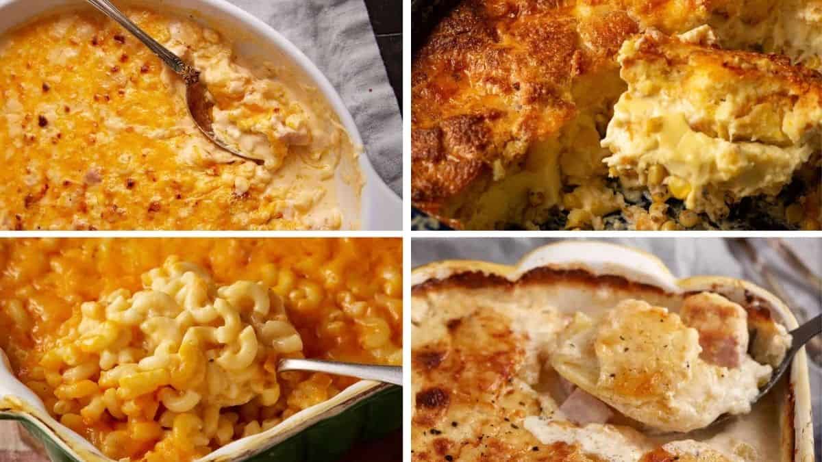 A collage of four close-up images of creamy, cheesy baked macaroni and cheese—just like the church potluck dishes that were always the first to go—each showing gooey pasta topped with golden, bubbly cheese as spoons scoop out portions.