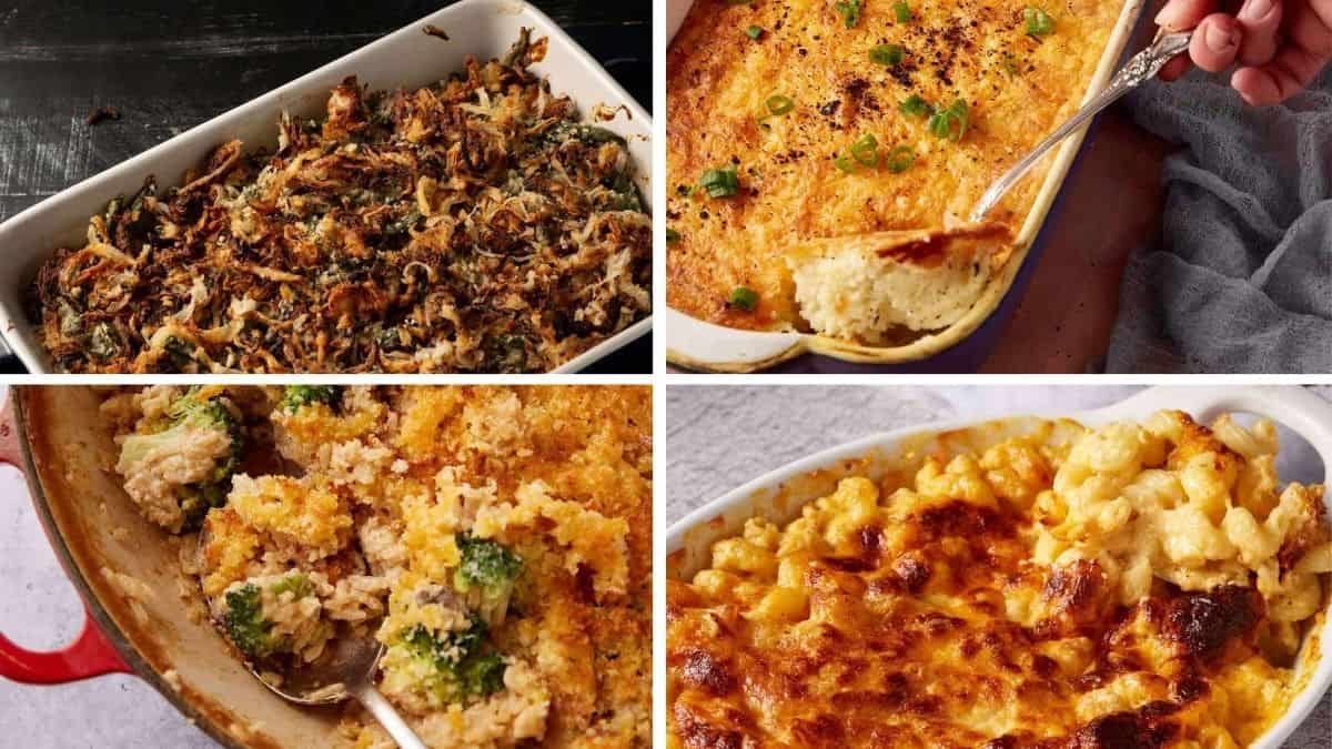 A collage of four baked casserole dishes, just like if mom hosted Easter—green bean casserole, cheesy potato casserole, broccoli rice casserole, and macaroni and cheese—all golden-brown in rectangular or oval baking dishes.