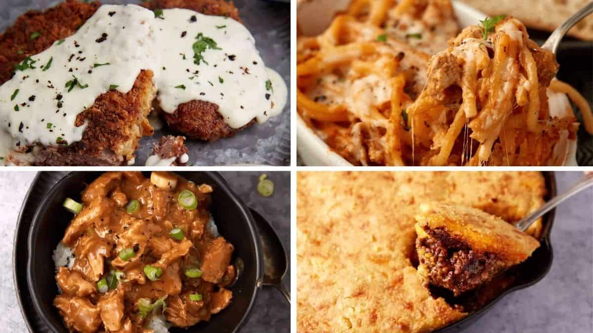 A collage of four dishes: breaded chicken with white sauce, cheesy baked pasta, chicken curry over rice, and a casserole with a golden crust—timeless recipes boomers still make that younger cooks just discovered.