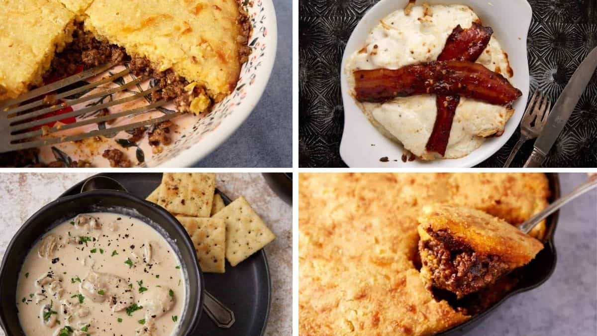 A collage of four images showing comfort foods: a meat pie with a golden crust, biscuits with bacon, creamy soup with crackers, and a close-up of meat pie on a spoon—bring the pub home with Irish comfort food.