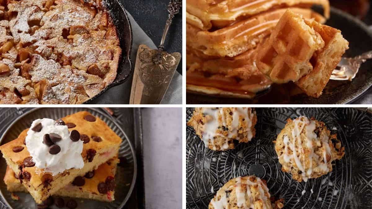 A collage of four breakfast dishes: apple skillet cake, stacked waffles with syrup, chocolate chip pancakes with whipped cream, and glazed scones—just like when I brought these Easter appetizers to one gathering, each plate is beautifully presented on dark plates.
