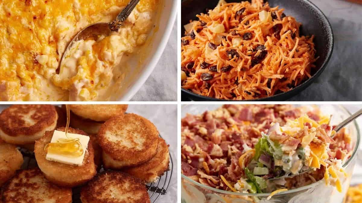 A collage of four Southern dishes—cheesy corn casserole, carrot raisin salad, fried hoecakes with butter and honey, and a bowl of loaded potato salad—showcases recipes that capture the freshest flavors of spring.