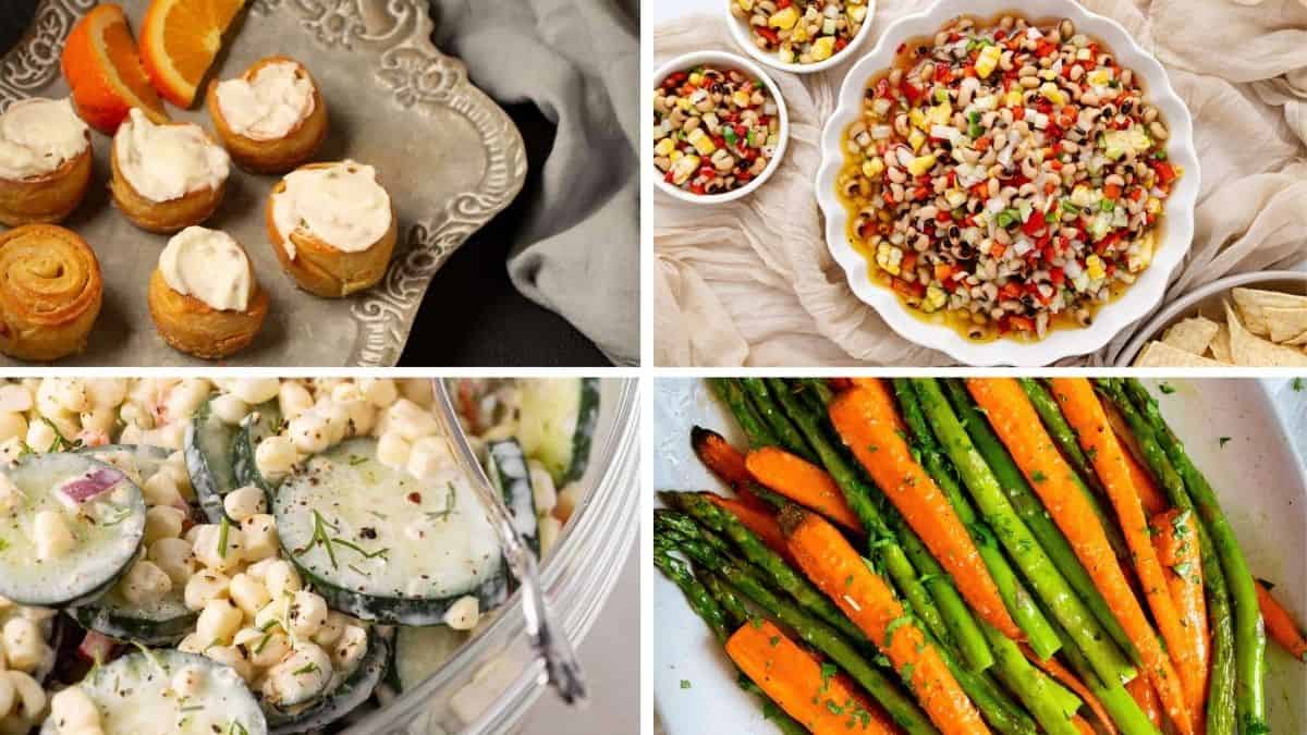 A collage of four food dishes perfect if you're hosting Easter brunch: mini puff pastry cups with cream filling and orange slices, a colorful bean salad with chips, creamy cucumber salad, and roasted carrots and asparagus garnished with herbs.