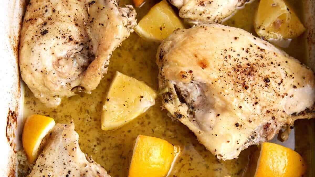 Chicken roasted with lemons.