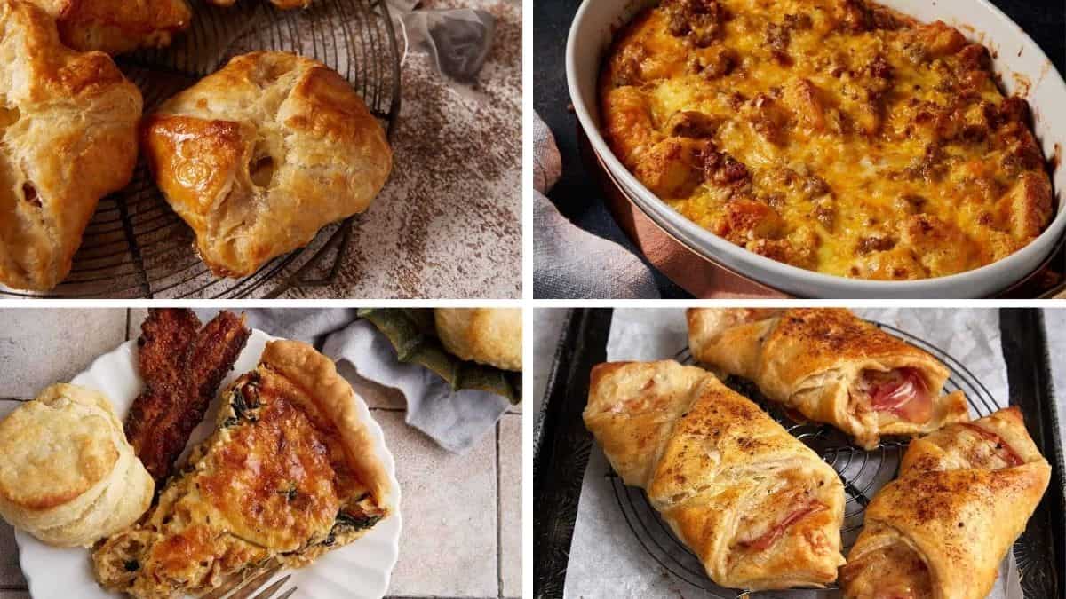 A collage of four images shows baked breakfast foods: puff pastries, a cheesy breakfast casserole, a slice of quiche with bacon and a biscuit, and golden-brown stuffed pastries on cooling racks.
