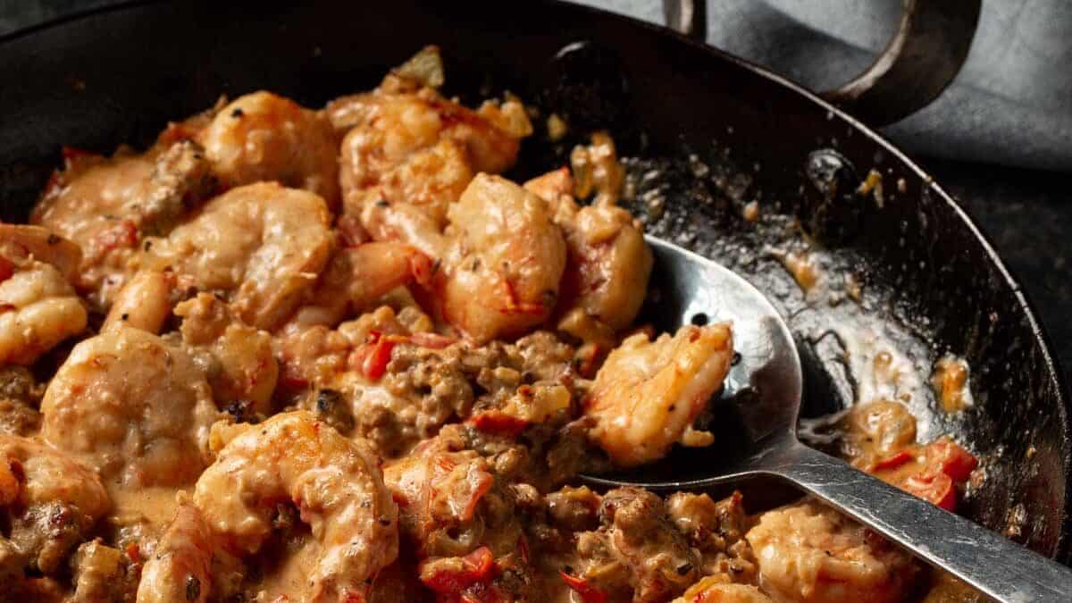 A skillet of shrimp with the sauce.