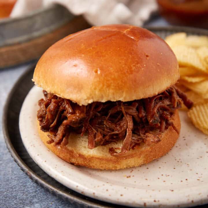 A shredded beef sandwich on a soft, golden bun is served on a plate next to a pile of ridged potato chips.