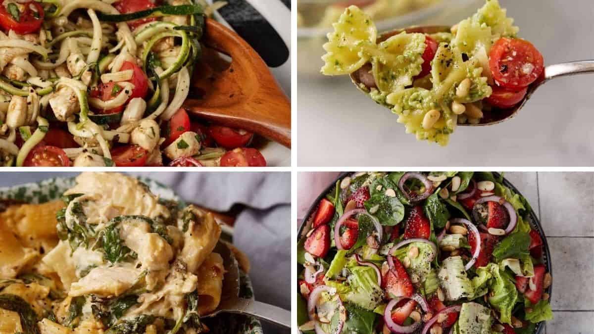 A collage of four different pasta salads, featuring a zucchini and tomato salad, bowtie pasta with pesto and tomatoes, creamy spinach and chicken pasta, and a fresh spinach and strawberry salad with red onions.
