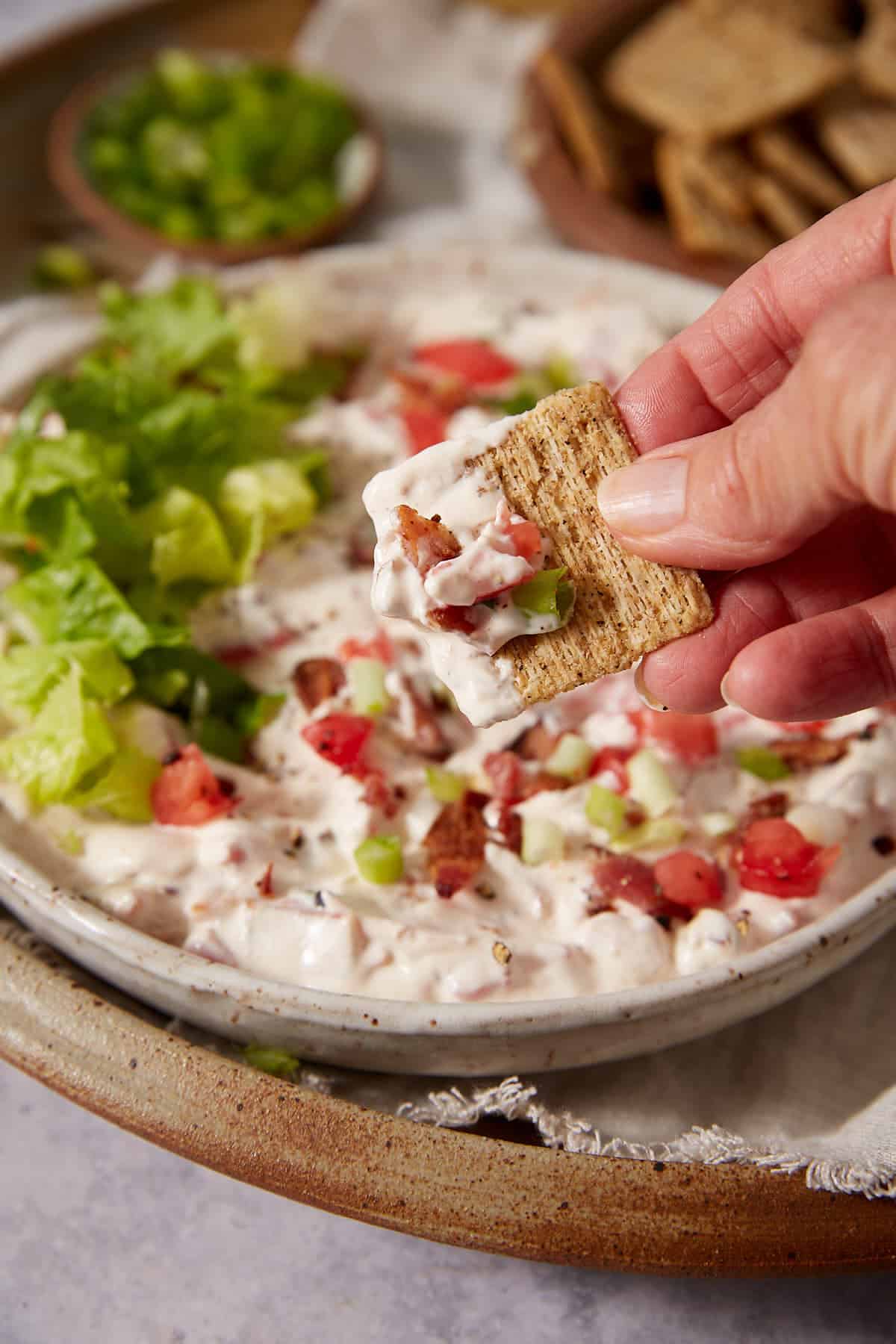 A hand holds a cracker topped with creamy dip, chopped tomatoes, green onions, and bacon bits. A bowl of dip with lettuce and crackers is in the background.
